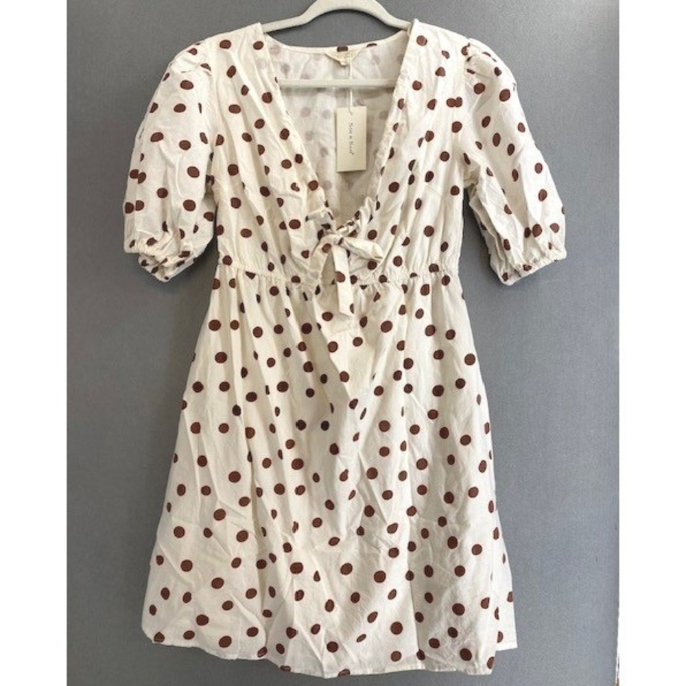 Sim & Sam Ivory Brown Polka Dot Puff Sleeve Tie Front‎ Mini Dress Medium 52303DR